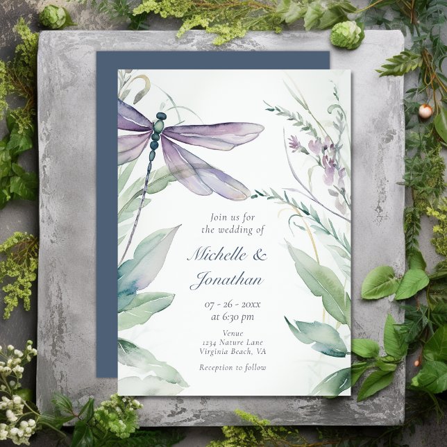 Invitation Jolie libellule d'aquarelle et Mariage de verdure (Pretty Watercolor Dragonfly and Greenery Wedding Invitation)