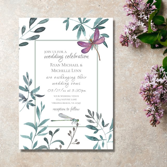 Invitation Jolie libellule Jardin de verdure sur Mariage blan (Créateur téléchargé)