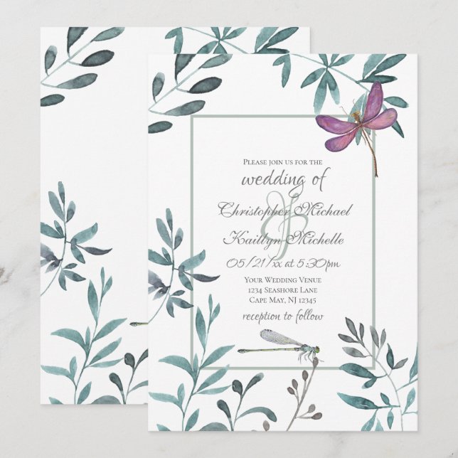 Invitation Jolie libellule Jardin de verdure sur Mariage blan (Devant / Derrière)