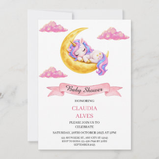 Invitation Jolie Licorne Endormie Lune Nuages Roses Baby Show