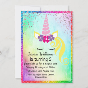 Invitation Jolie licorne florale, 5ème parti de Glittery Girl