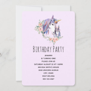 Invitation Jolie licorne Maman & Bébé Aquarelle Anniversaire