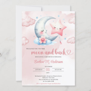 Invitation Jolie lune d'aquarelle et baby shower étoile rose