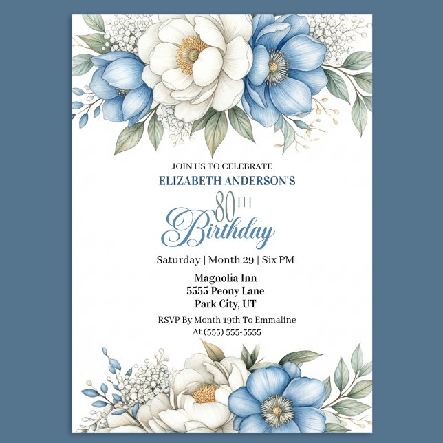 Invitation Jolie Magnolia Bleu et Pivoine 80e Anniversaire (Créateur téléchargé)