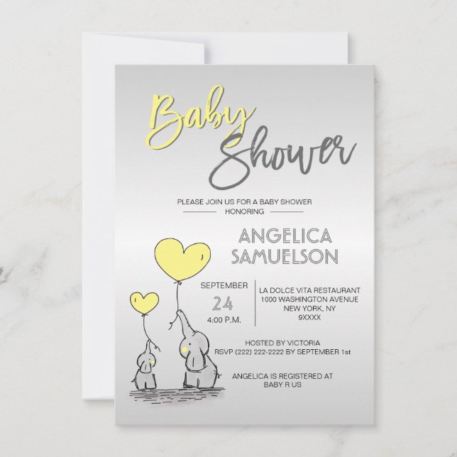 Invitation Jolie maman JAUNE Eléphant & Baby shower (Devant)