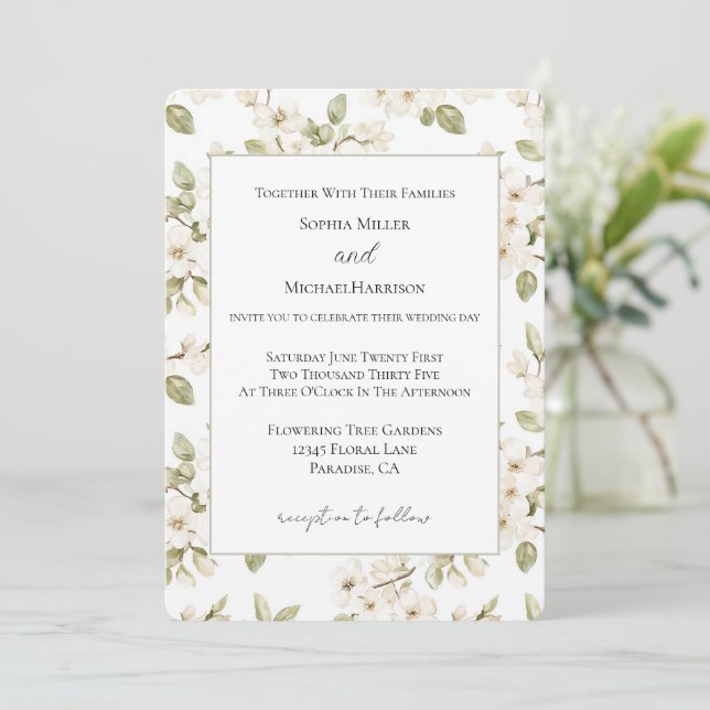 Invitation Jolie Mariage Arbre Fleurissant Crème (Debout devant)