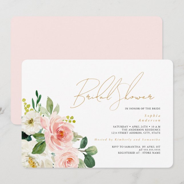 Invitation Jolie Mariage Fleurs Rose Pâle (Devant / Derrière)