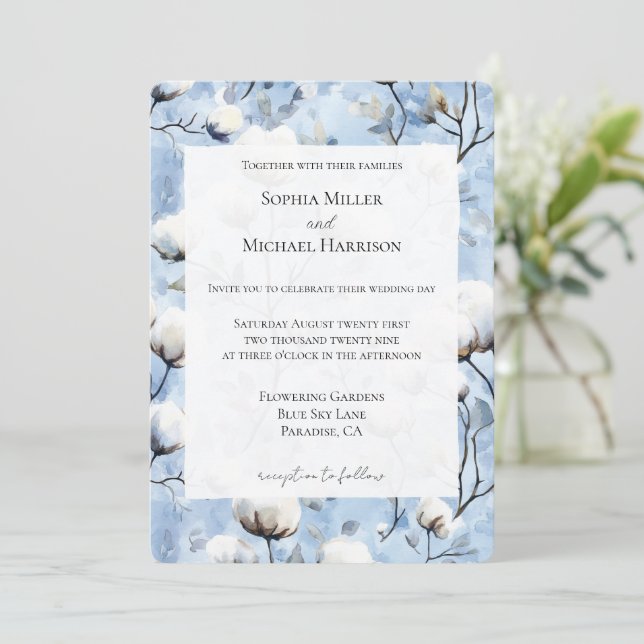 Invitation Jolie mariage floral blanc bleu clair (Debout devant)