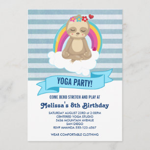 Invitation Jolie Méditation Sloth Yoga fête d'anniversaire