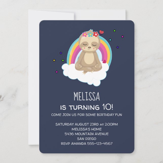 Invitation Jolie méditer la Sloth sur un nuage fête d'anniver (Devant)