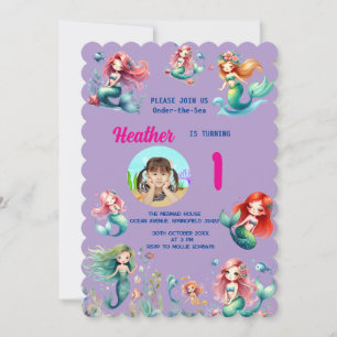 Invitation Jolie Mermaid Magique Sur-la-Mer 1er Anniversaire
