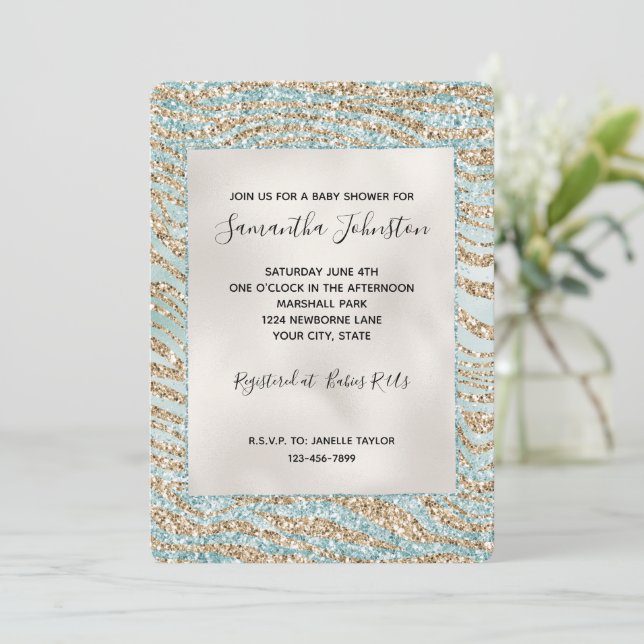 Invitation Jolie Mint Glitzy Gold Zebra Parties scintillant (Debout devant)
