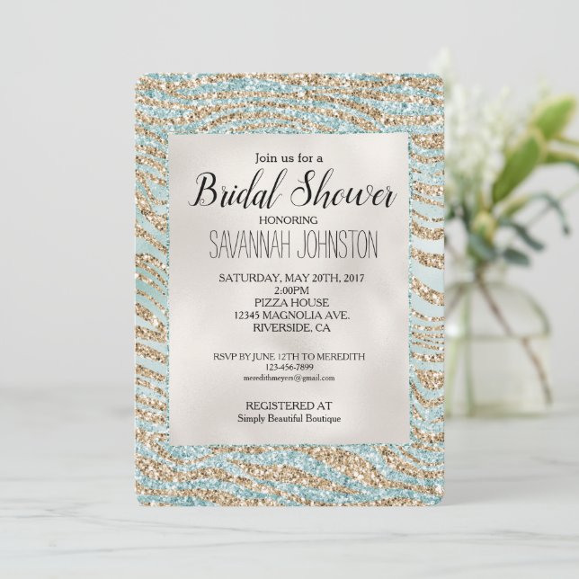 Invitation Jolie Mint Glitzy Sparkle Gold Zebra Parties scint (Debout devant)