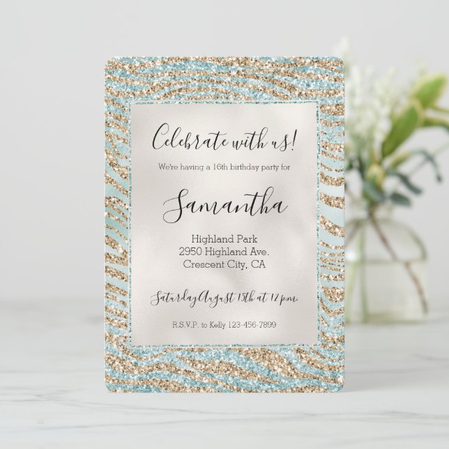 Invitation Jolie Mint Glitzy Sparkle Gold Zebra Parties scint (Debout devant)