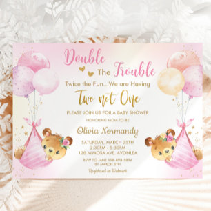 Invitation Jolie Nounours Twin Girls Twin Pink Baby shower Tw