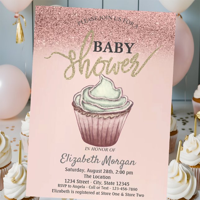 Invitation Jolie Paillettes Rose Doré Cupcake (Créateur téléchargé)