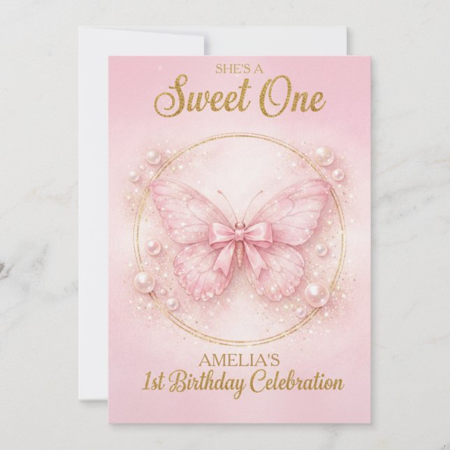 Invitation Jolie Papillon Rose 1er Anniversaire Fille (Devant)