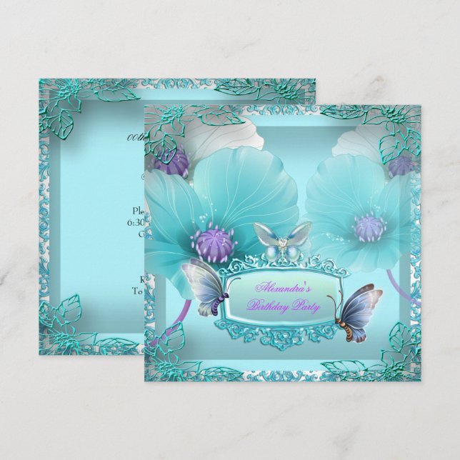 Invitation Jolie Papillon Violet Turquoise dentelle Fête d'an (Devant / Derrière)