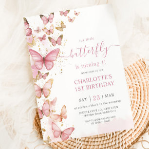 Invitation Jolie Papillons rose Fille 1er anniversaire