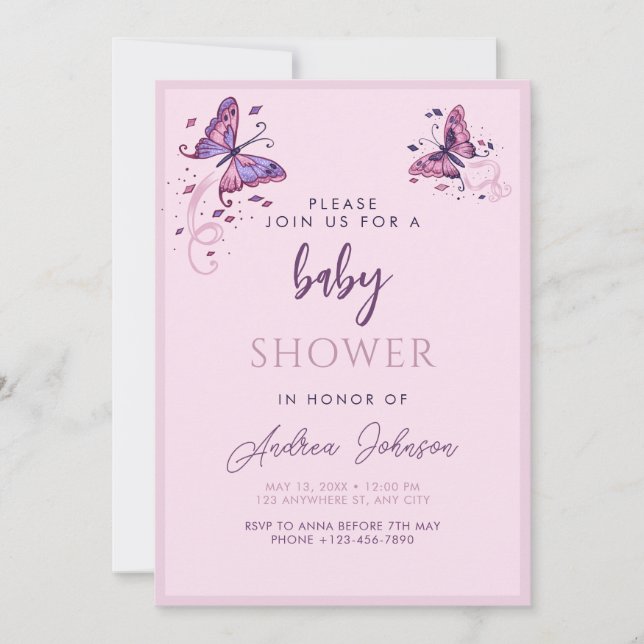 Invitation Jolie partie Baby shower papillon rose pourpre (Devant)