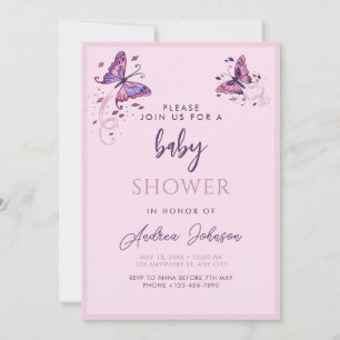 Invitation Jolie partie Baby shower papillon rose pourpre