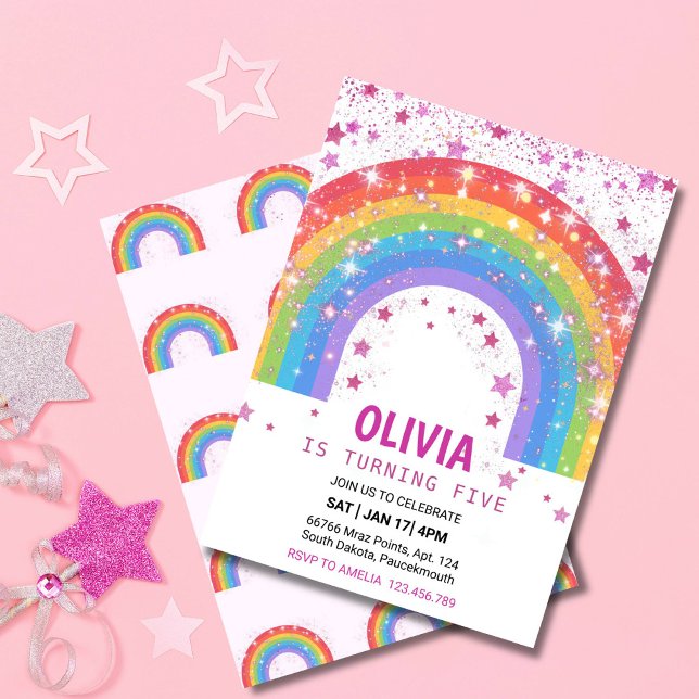 Invitation Jolie Parties scintillant arc-en-ciel étoile fête (RAINBOW GLITTER SPARKLE STARS BIRTHDAY INVITATION FOR GIRLS)