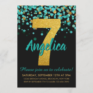 Invitation Jolie Parties scintillant d'or Turquoise Confetti 