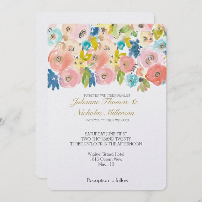 Invitation Jolie Pastel Aquarelle Fleurs Mariage Inviter (Devant / Derrière)