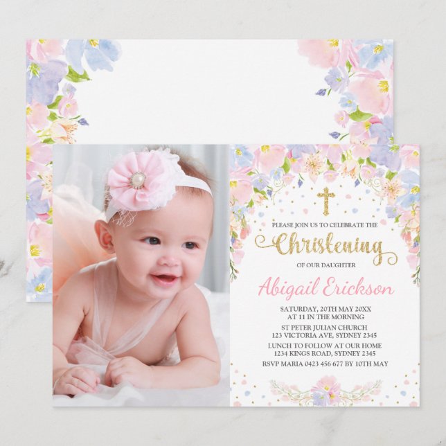 Invitation Jolie Pastel Aquarelle Florale Fille Christening (Devant / Derrière)