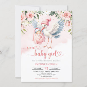 Invitation Jolie pastel rose floral cigogne livraison bébé fi