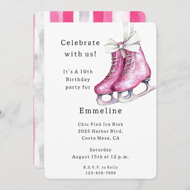 Invitation Jolie Patins de glace rose Anniversaire (Devant / Derrière)
