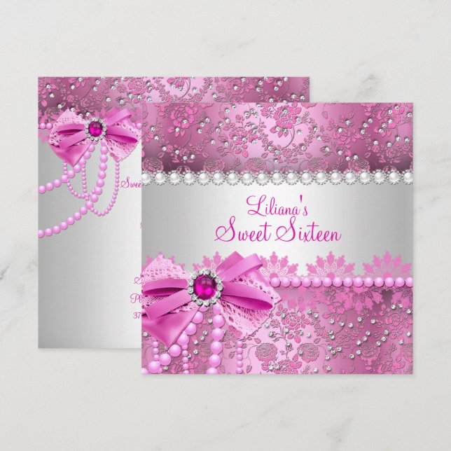 Invitation Jolie Pearl Bow Lace Rose Argent Sweet 16 (Devant / Derrière)