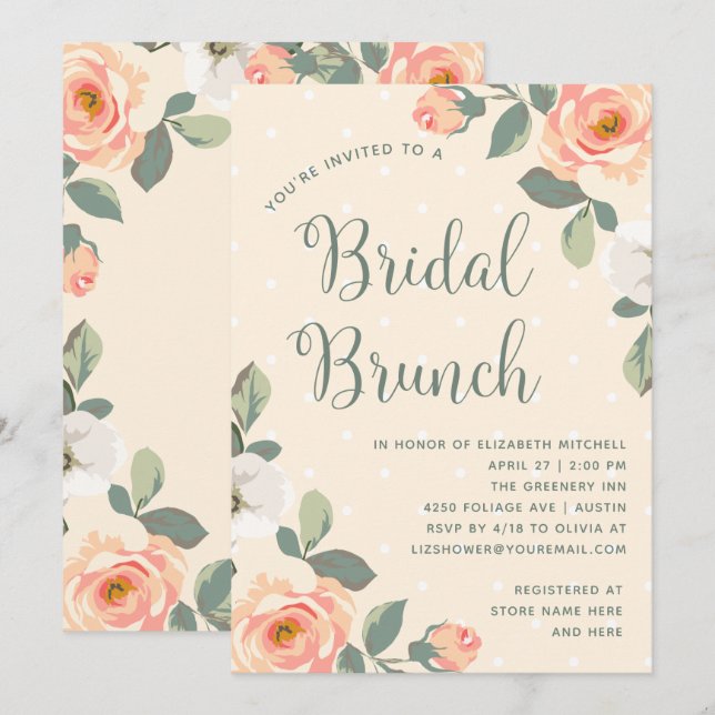 Invitation Jolie Pêche Florale | Brunch nuptial (Devant / Derrière)