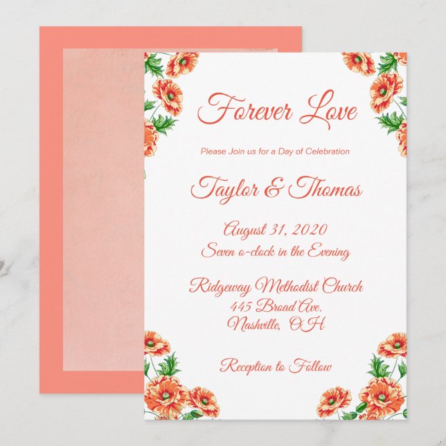Invitation Jolie Pêche Florale | Mariage de script orange (Devant / Derrière)