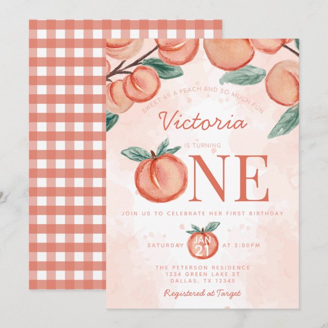 Invitation Jolie pêche sucrée en 1er anniversaire (Devant / Derrière)