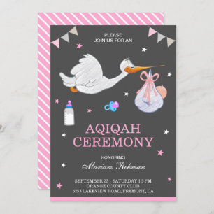 Invitation Jolie petite cigogne rose bébé fille Aqiqah