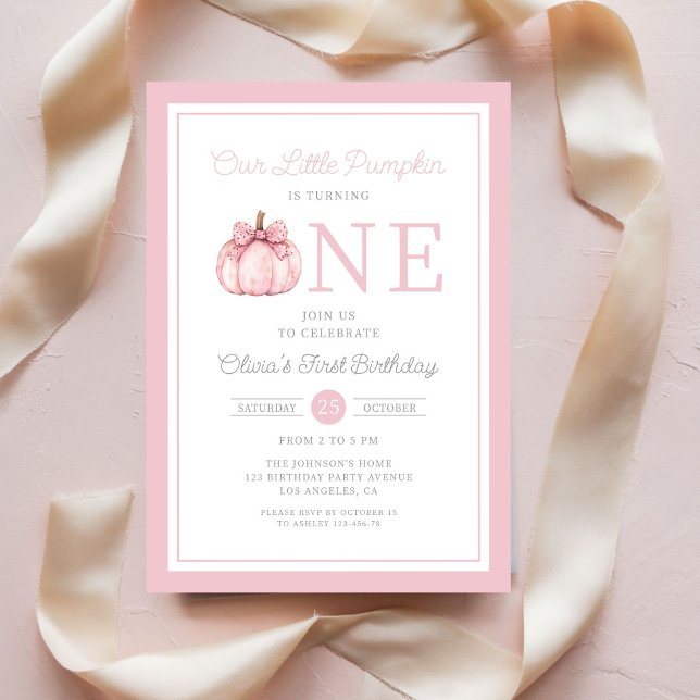 Invitation Jolie petite citrouille rose 1er anniversaire (Cute Pink Little Pumpkin 1st Birthday Invitation)