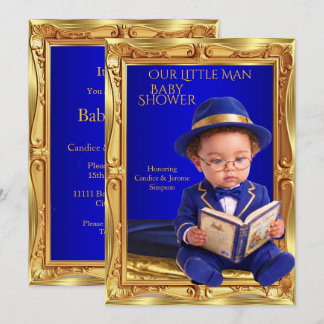 Invitation Jolie petite fête de bébé homme Livre Or Bleu
