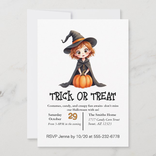 Invitation Jolie petite fille qui fait Trick or Treat  (Devant)