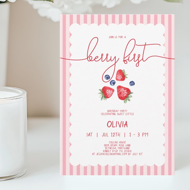 Invitation Jolie petite fille rouge aux baies pour sa premièr (Cute Red Baby Girl Berry First 1st Birthday Party Invitation)
