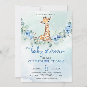 Invitation Jolie petite girafe fleurs bleues eucalyptus garço