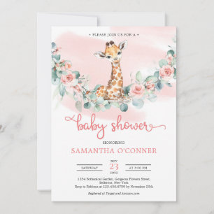 Invitation Jolie petite girafe fleurs rousses eucalyptus bébé
