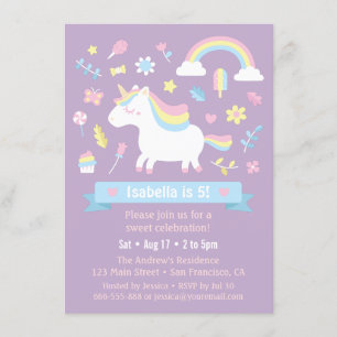 Invitation Jolie petite licorne arc-en-ciel fête d'anniversai