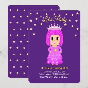 Invitation Jolie petite princesse et étoiles sur fond violet