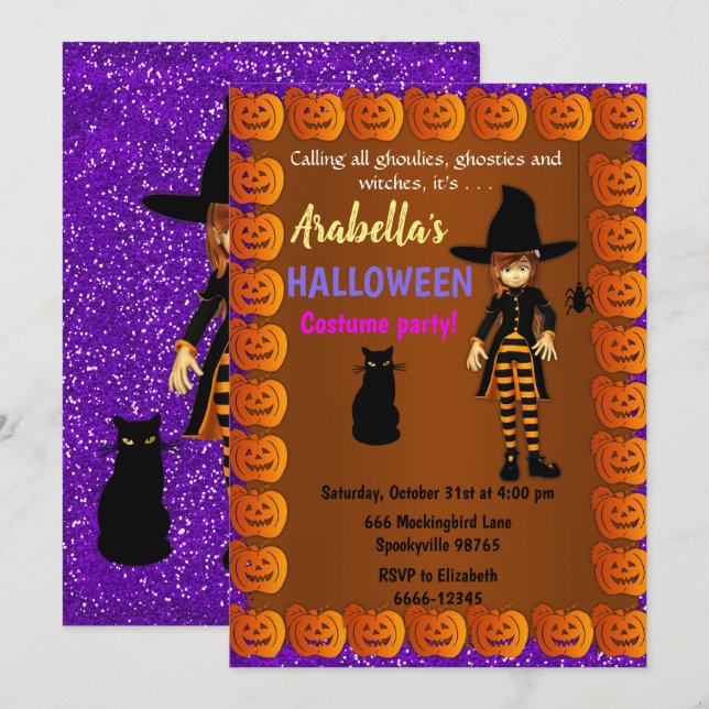 Invitation Jolie petite sorcière Halloween pour enfants (Devant / Derrière)