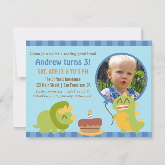 Invitation Jolie photo d'anniversaire de dinosaure (Devant)