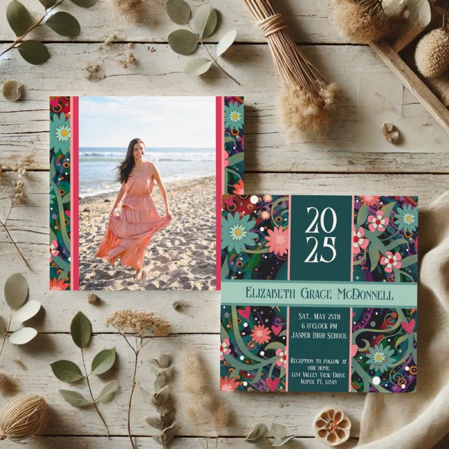 Invitation Jolie photo florale Graduation unique personnalisa (Créateur téléchargé)