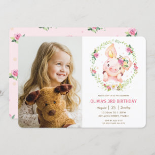 Invitation Jolie Piggy rose floral vert Photo Anniversaire