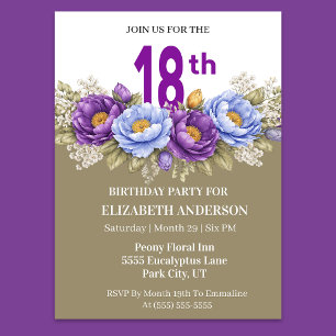 Invitation Jolie Pivoine Bleue et Violette 18ème Anniversaire