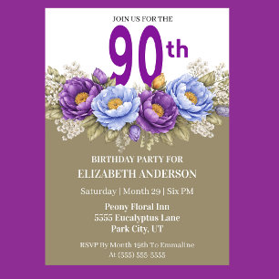 Invitation Jolie Pivoine Bleue et Violette 90e Anniversaire